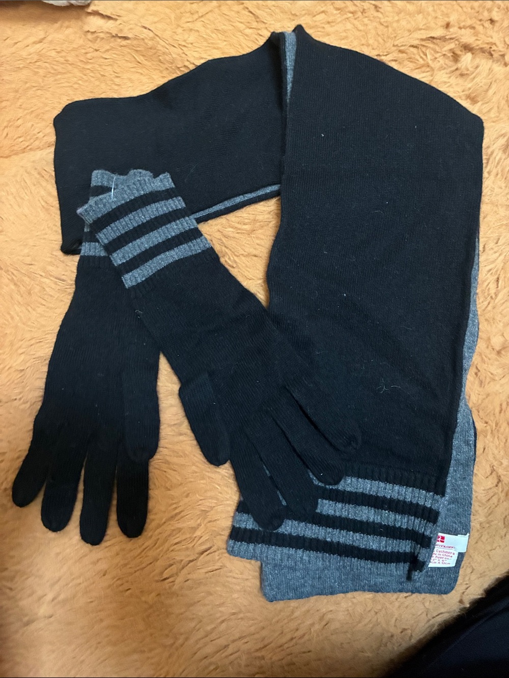 Red Envelope Black and Gray Knit Gloves and Scarf Set